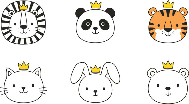Cute Animal Head Illustration Set with Lion, Panda, Tiger, Cat, Rabbit, and Bear Wearing Crowns for Children&rsquo;s and Cartoon Designs