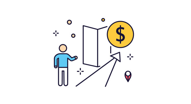 Concept of financial growth and opportunity featuring a person pointing towards an open doorway and a rising success arrow with a dollar.