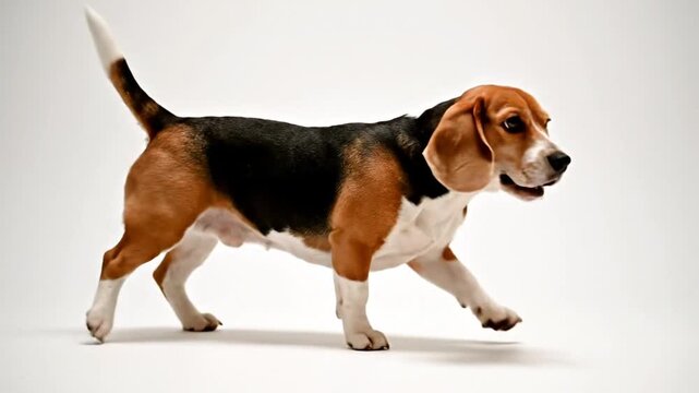 Tricolor Beagle dog walking in profile against white background