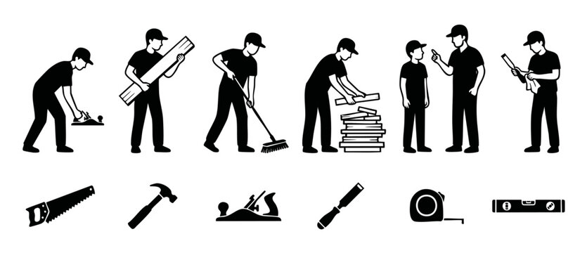 Carpenter professional icons set with woodworking tools and builders working on wooden projects, flat vector silhouettes isolated on white background, construction handyman service concept for design.