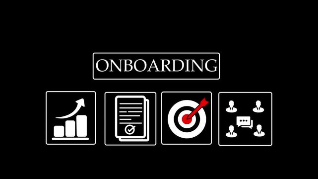 Onboarding new employee process concept. A person using a laptop with icons representing onboarding process, training, recruitment, communication, hiring, development, and employee integration.