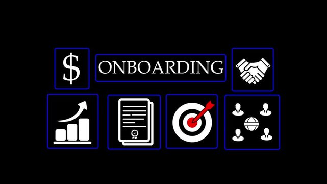 Onboarding new employee process concept. A person using a laptop with icons representing onboarding process, training, recruitment, communication, hiring, development, and employee integration.