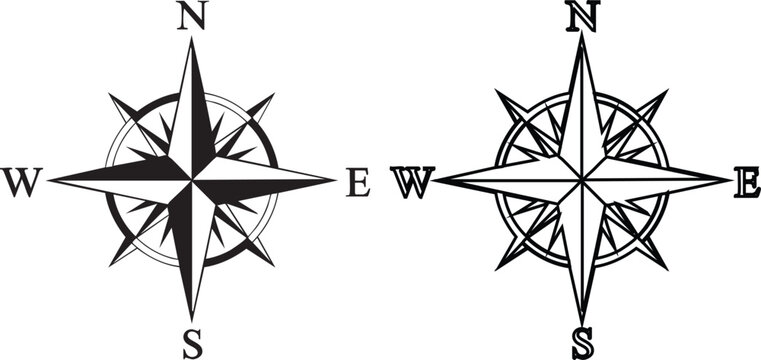 Black compass rose silhouettes on white background facing east and west