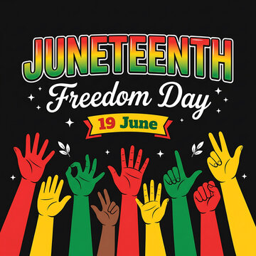 Colorful Juneteenth freedom day graphic design featuring vibrant raised hands celebrating historic emancipation and social equality