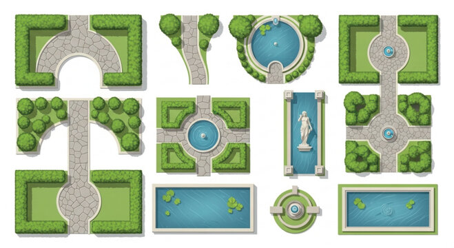 Top view garden landscape elements, formal park map creator with green hedges and fountains, architectural landscaping vector set for site planning