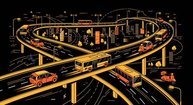 Complex urban highway interchange with multiple levels and various vehicles, showcasing transportation and city infrastructure.