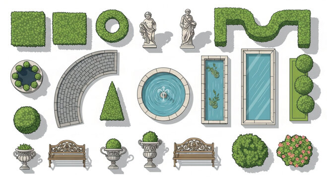 Classical garden landscape design elements, top view vector set of park fountains and hedges, architectural site plan icons with statues and benches