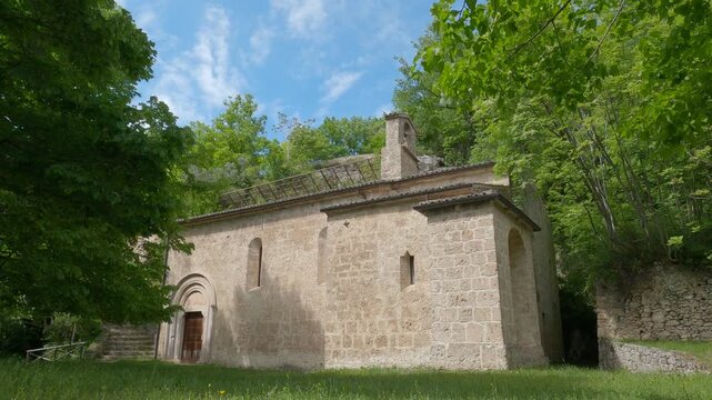 Static shot of Santa Maria delle Grotte church in Rocchetta a Volturno, Italy.