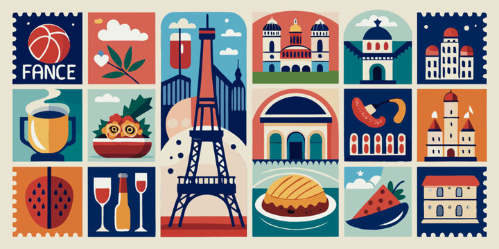 A cartoon vector illustration set of iconic travel landmarks and monuments featuring architecture from Paris, London, Italy, and New York with stylized city buildings and silhouettes
