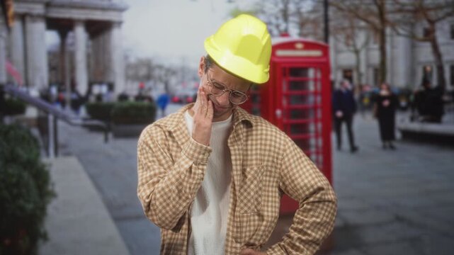 Man builder wearing yellow hardhat and glasses holding cheek in obvious toothache beside a red phone box on a busy street; pain concern.
