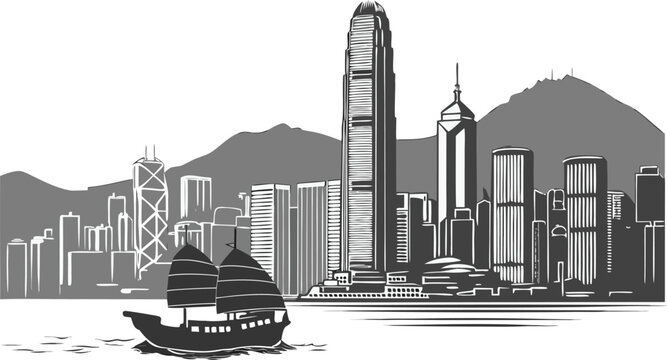 Hong Kong City Skyline Vector Art | ICC & Bank of China Tower Silhouette