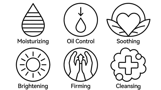 Linear icons such as water droplets, heart-shaped leaves, and the sun represent the basic skincare effects of moisturizing, oil controlling, soothing, brightening, firming, and cleansing skincare 