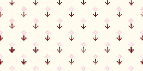Seamless cross-stitch floral pattern with geometric folk embroidery motifs in burgundy and pink. © oxygen_8
