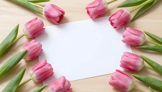 Pink tulips arranged around a blank white sheet of paper on a wooden surface