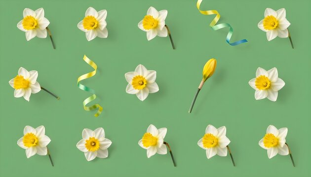 A vibrant seamless pattern of daffodils and colorful streamers for spring celebrations