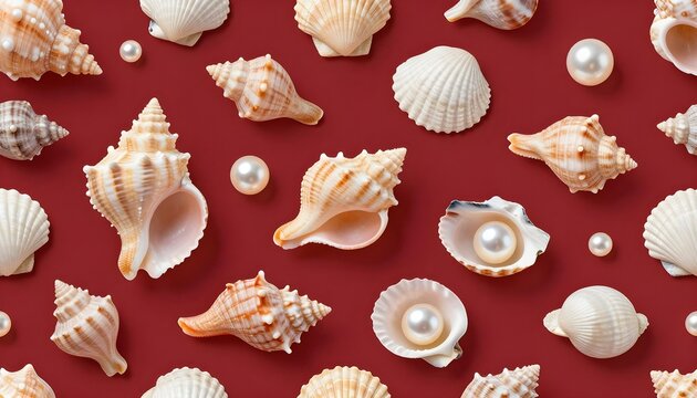 Seamless pattern of seashells and pearls on a red background