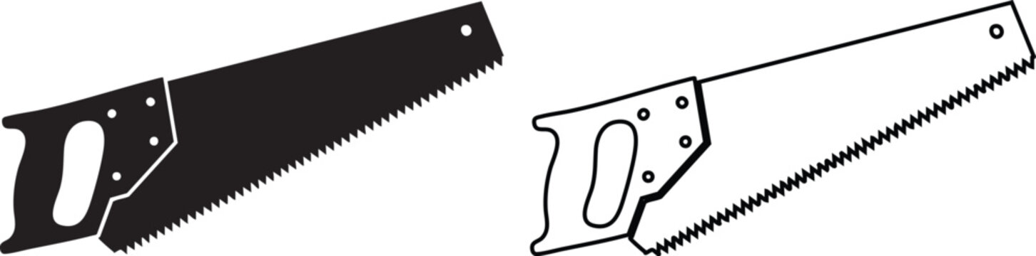 Black hand saw silhouettes on white background saw blade wooden handle