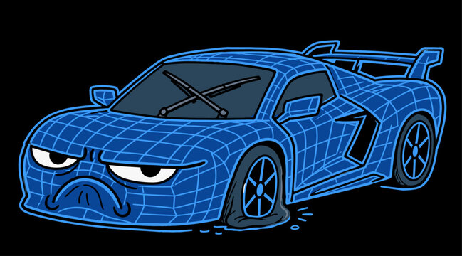 Sad and grumpy car character with a flat tire and crossed out eyes looking miserable vector