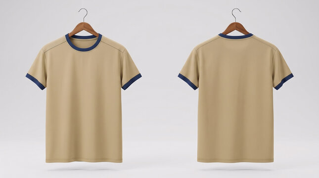 Front and back view of a beige t-shirt with blue trim, displayed on hangers against a clean studio background.