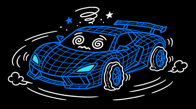 Confused blue car mascot with spiral eyes and spinning stars indicating dizziness or disorientation vector