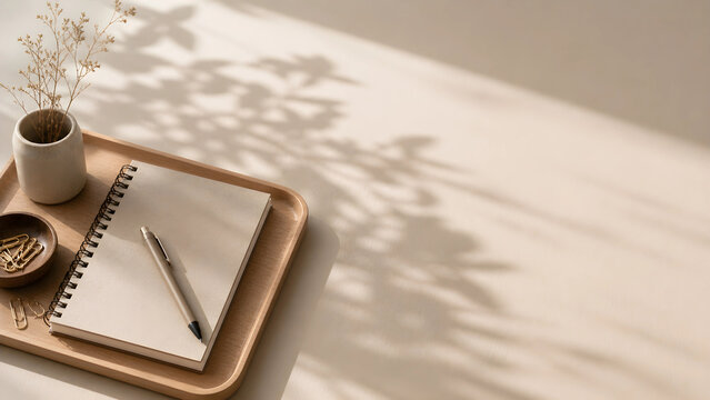 Calm workspace scene with notebook, pen, paperclips and ceramic vase on wooden tray under soft sunlight shadows. Minimal lifestyle composition ideal for branding, blogging and office content.