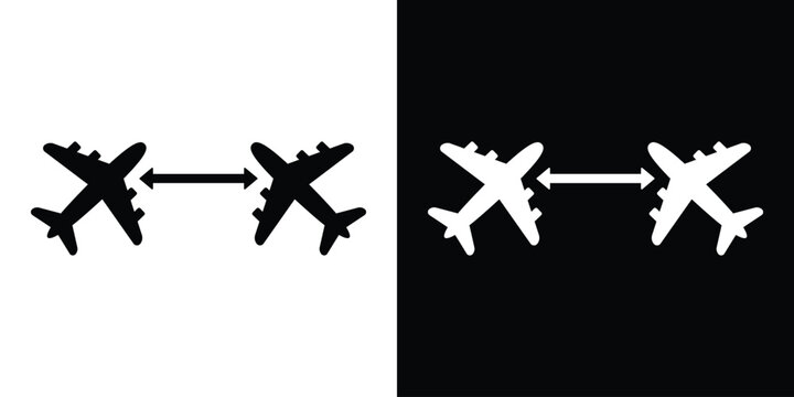 Social distancing or separation icon for aviation featuring two airplanes with a double-headed arrow between them. Denotes safe distance or flight spacing.