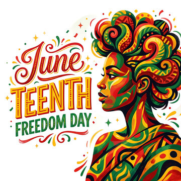 Vibrant Juneteenth illustration featuring a stylized woman with intricate patterns celebrating freedom and African American heritage