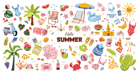 Big trendy summer sticker set in hand drawn vector style. Bright beach and vacation collection with swimsuits, palm trees, floaties, food, drinks, animals and seaside accessories. Playful elements © m_matvi