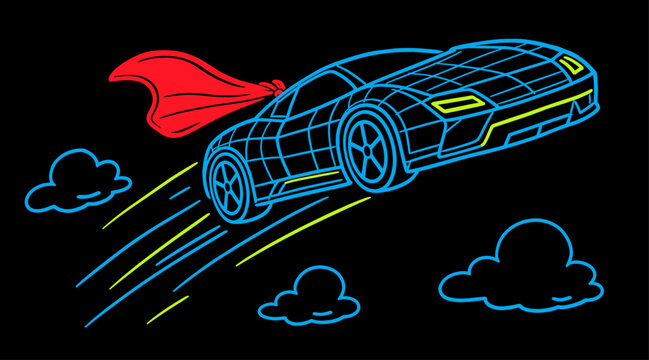 Super car character with a red cape flying through the night sky like a superhero above fluffy clouds vector