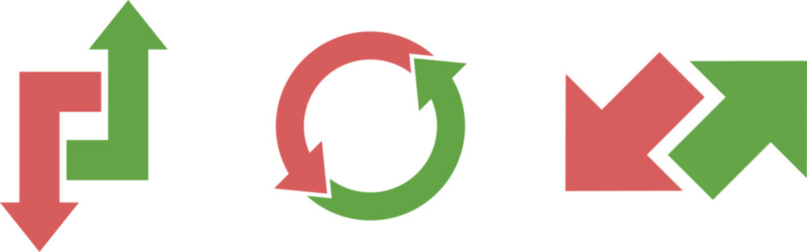 vector set of red and green arrows showing directions and concepts like like dislike increase decrease input output and navigation indicators clearly set