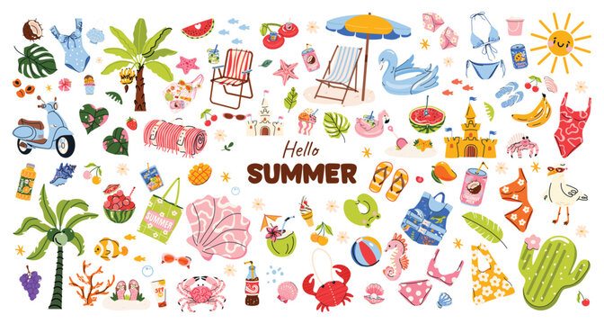 Big trendy summer sticker set in hand drawn vector style. Bright beach and vacation collection with swimsuits, palm trees, floaties, food, drinks, animals and seaside accessories. Playful elements