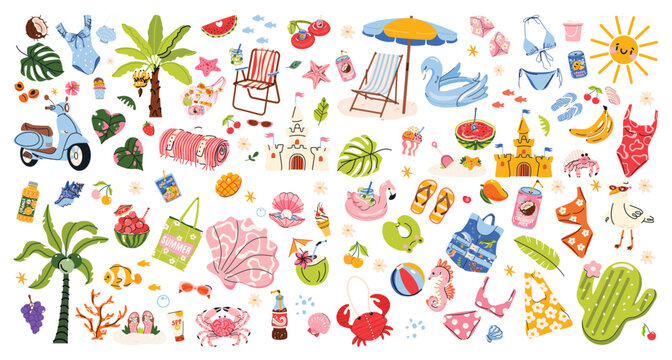 Big trendy summer sticker set in hand drawn vector style. Bright beach and vacation collection with swimsuits, palm trees, floaties, food, drinks, animals and seaside accessories. Playful elements