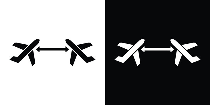 Social distancing or separation icon for aviation featuring two airplanes with a double-headed arrow between them. Denotes safe distance or flight spacing.