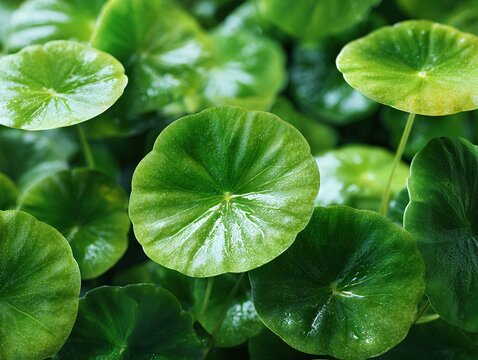 Round Hydrocotyle Leaves Macro, Realistic Summer Aquatic Plant Closeup