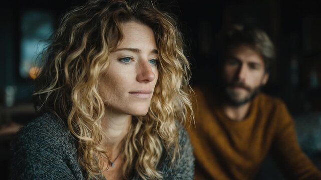 Sad pensive woman ignoring her partner in the background during a difficult relationship moment