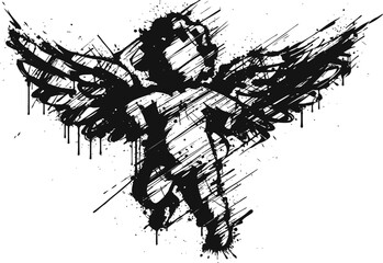 Obraz premium Grunge angel silhouette with detailed wings and textured splatter effect in black and white