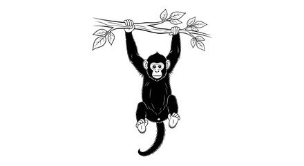 Black and white monkey hanging from a tree branch isolated on white background © irul