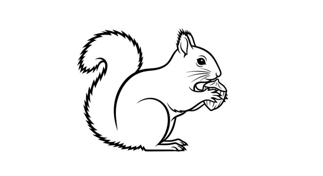 Black and white illustration of squirrel holding nut on white background