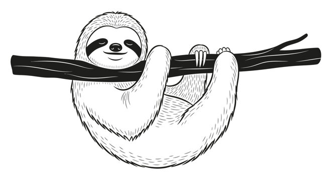 Cartoon sloth hanging from branch illustration for design or decoration