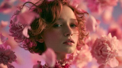 Naklejka premium Creative portrait with pink flowers dreamy aesthetic