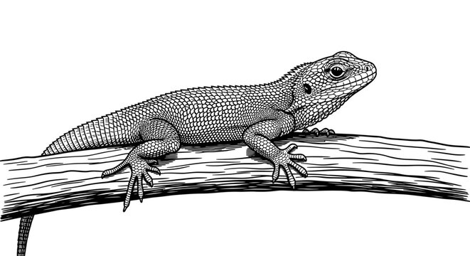 Detailed illustration of a lizard resting on a branch against a white background