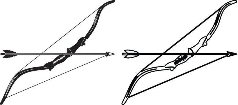 Black silhouette of recurve bow with arrow in motion against white background archery motion blur