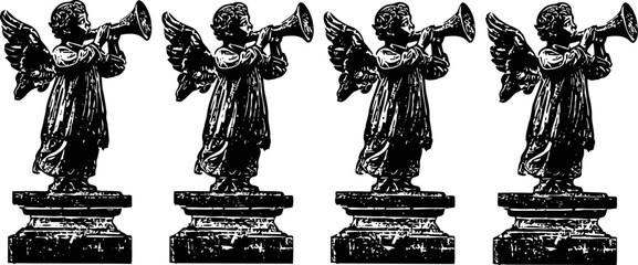 Obraz premium four identical angel statues blowing trumpets on pedestals in a vintage black and white