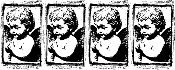 Obraz premium Black and white angel cherub pattern vintage classic baby winged statue, religious art, angelic innocence and purity concept illustration