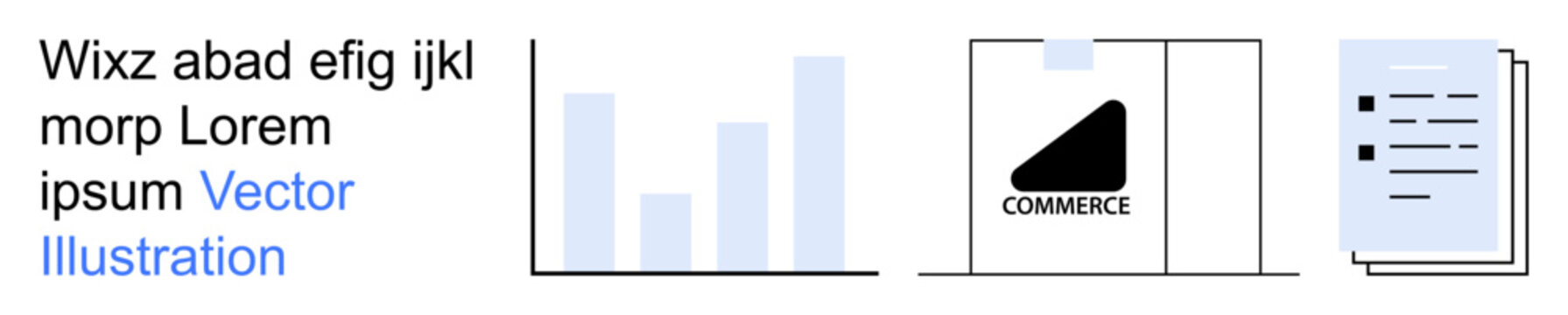 Business analytics, e-commerce branding, data visualization, corporate reports, commerce, strategy. Bar chart, commerce logo and document layout. Business analytics and e-commerce branding concepts