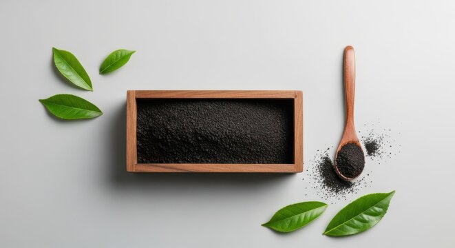 High quality black tea leaves in a wooden box with a rustic wooden stirring spoon