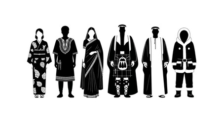 Silhouettes of people in traditional clothing on transparent background © Muskan