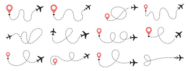 Airplane dotted route line, flight path with dashed tracking line from origin pin to destination marker for travel navigation illustration design. © Ayat0002