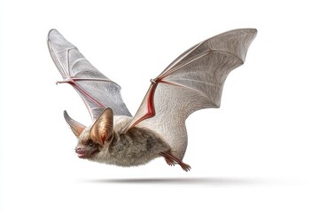 Fototapeta premium Photorealistic digital illustration of a flying grey long-eared bat against a pure white background