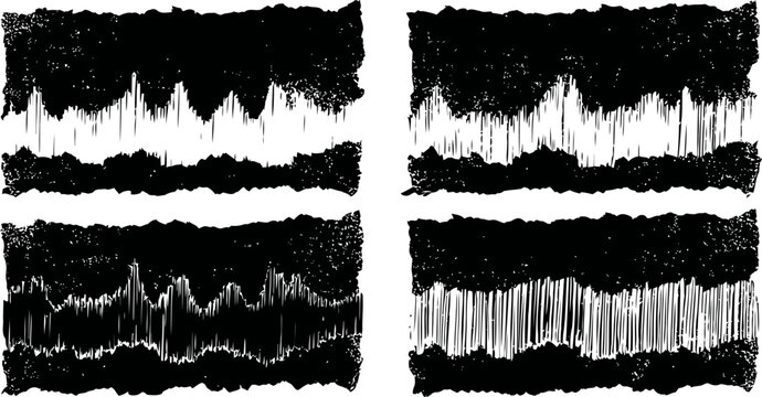 abstract black and white soundwave patterns set of four irregular waveform shapes, audio visualization design elements